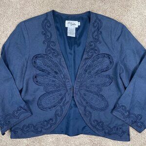 Ann Gerlin Jacket Womens 8 Blue Embroidered Butterfly Linen Artsy Bohemian Vtg